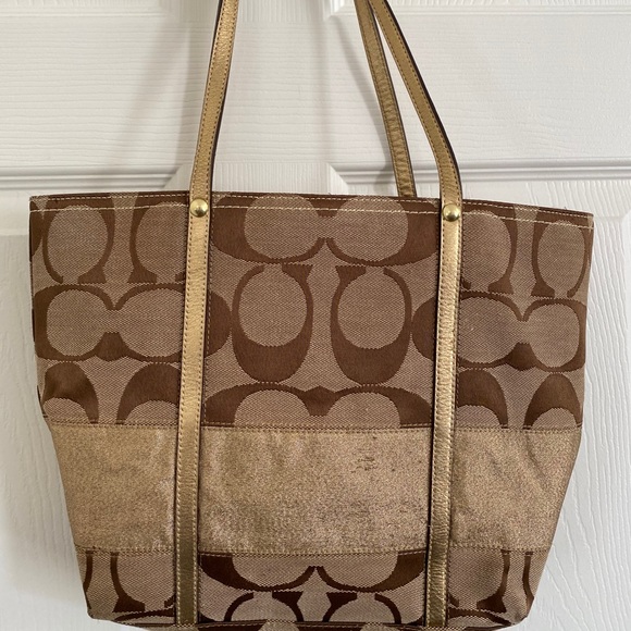 COACH Signature Striped Khaki/Gold Tote - Picture 5 of 10